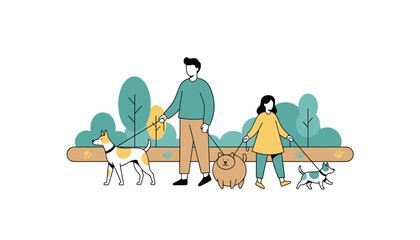 Naklejka premium Couple walking multiple dogs on leashes in a park with trees, representing pet ownership, outdoor exercise, and leisurely weekend activity.