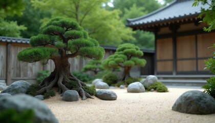Fototapeta premium Zen garden with bonsai trees, raked sand, and rocks. Traditional Japanese architecture in background. Peaceful nature scene for meditation and relaxation.