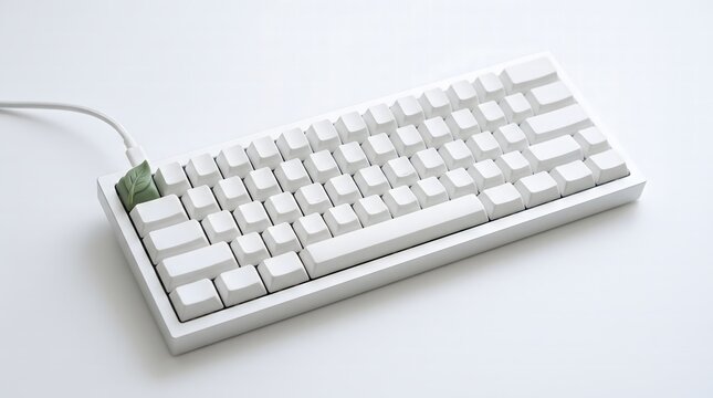 Minimalist white keyboard with a green leaf keycap and white cable on a white background