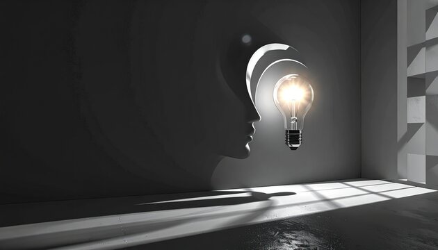 A minimalist architectural image features a head-shaped void, lit bulb, and light-filled room