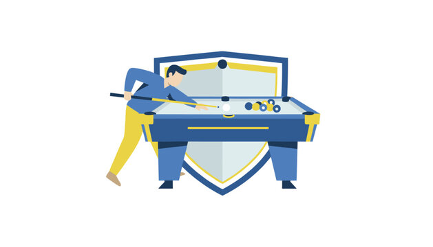 Person plays pool at a billiard table with a protective shield graphic in the background representing skill and accuracy in gaming.