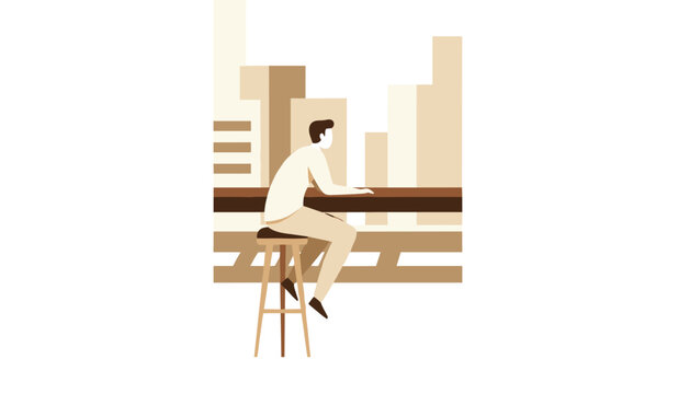 Person sitting on a stool by a counter in a modern office space while looking out at the city skyline in a peaceful urban environment.