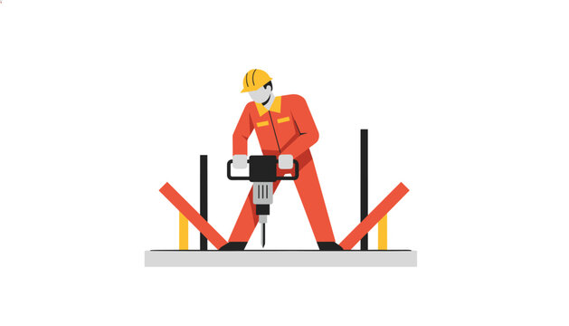 Construction worker operating a heavy-duty jackhammer for concrete demolition or road repair on a structured construction work site.