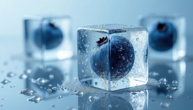Blueberry fruit frozen inside clear ice cube with air bubbles. Cold refreshment for drinks or desserts, close up detail on blue icy surface.