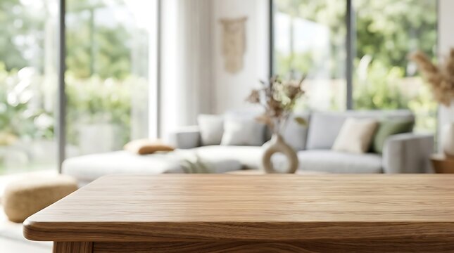 Empty Wooden Table Top in Modern Blurred Living Room Interior for Product Display Mockup Presentation and Home Decor.