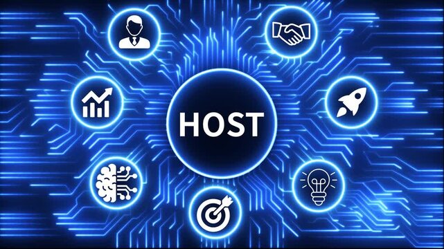 HOST icon surrounded by smaller icons for ai manufacturing strategy. A glowing neon, and manufacturing process management all connected in a digital circuit like pattern, 4k video 