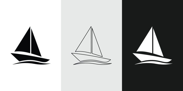 Minimalist sailboat icon set in solid outline and negative space styles
