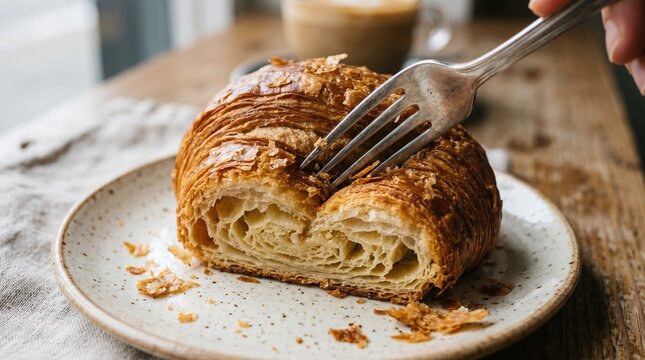Golden buttery croissant being pierced by a shiny silver metal fork