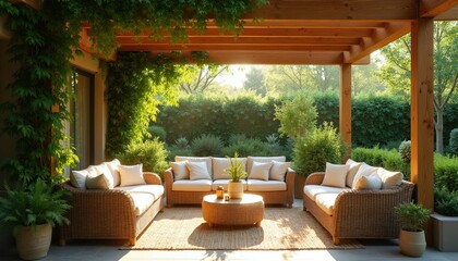 Fototapeta premium Wooden pergola covers outdoor seating area with wicker furniture and lush green plants. Sunny day illuminates comfortable patio space with sofa, chairs, and coffee table, perfect for relaxation.