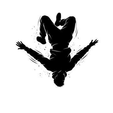 Dynamic parkour athlete performing mid air flip silhouette isolated on white