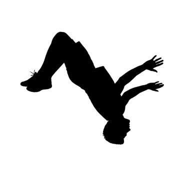 Dynamic parkour athlete performing mid air flip silhouette isolated on white