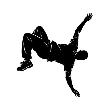Dynamic parkour athlete performing mid air flip silhouette isolated on white