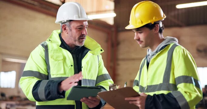 Tablet, checklist and men handshake in carpentry for inspection pass, shopfitting or safety audit. Tech, building inspector and carpenter shaking hands for approval, clipboard or warehouse compliance