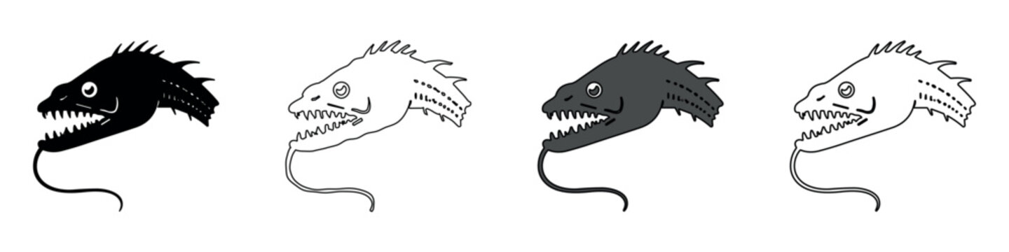 Stylized illustration of a fearsome dragonfish head with sharp teeth and a lure