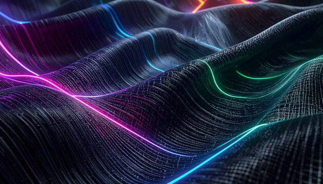 Abstract 3D background featuring organic wave structures with intricate textures, illuminated by vibrant neon light flows. Perfect for technological themes, digital concepts, and modern backgrounds.