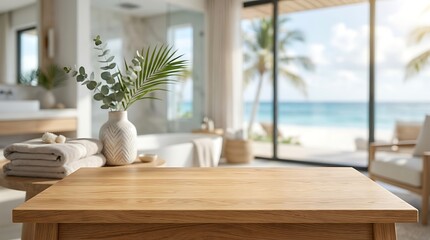 Obraz na płótnie Canvas Empty wooden table in luxury spa bathroom background with tropical beach ocean view for product display and mockup.