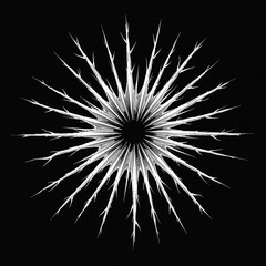 Fototapeta premium Black and white graphic illustration of spiky starburst shape. Sharp lines radiate from central dark void. Geometric radial pattern, abstract art.