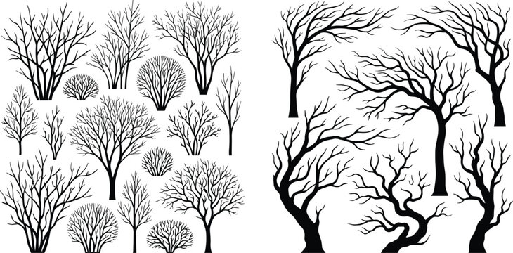 Collection of bare winter tree silhouettes and spooky leafless branches isolated on white background