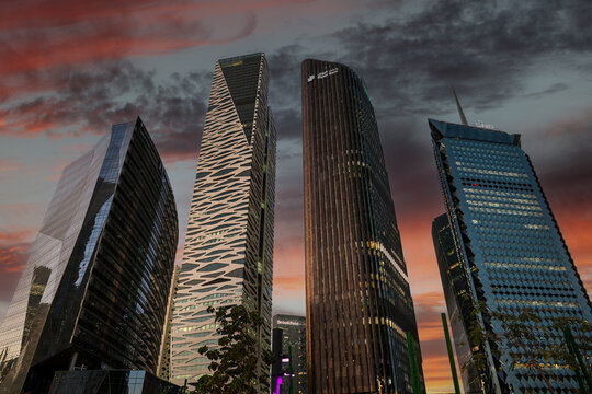 Riyadh, Saudi Arabia - Feb 11 2026, King Abdullah Financial District at night , KAFD business towers