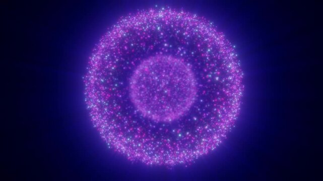Purple particle sphere with cyan and magenta lights, glowing cosmic halo