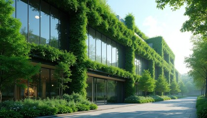 Fototapeta premium Modern glass office building covered in green ivy plants and trees. Rich garden surrounds structure. Sustainable eco architecture design in parklike setting on sunny day. Clean city environment.
