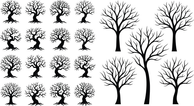 Collection of spooky dead tree silhouettes with bare leafless branches isolated on white background