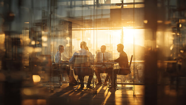 Double exposure image of many business people conference group meeting on city office building in background showing partnership success of business deal. Concept of teamwork,