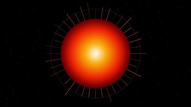 Abstract glowing red sun sphere with radial lines and particles animation 4k background