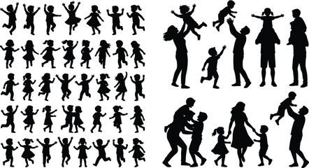 Obraz premium Large set of active family silhouettes parents with children and jumping kids isolated on white