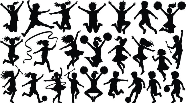 Large set of active children silhouettes jumping playing sports and cheerleading isolated on white