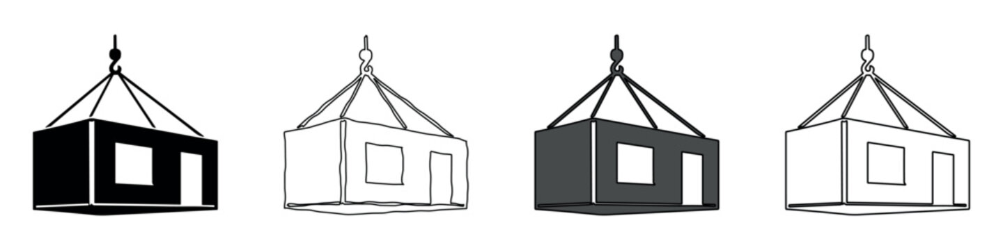 Modular building unit being lifted by a crane hook and cables