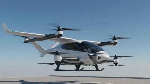 Electric eVTOL Air Taxi Hovering Above Rooftop Landing Pad with Orbit Camera