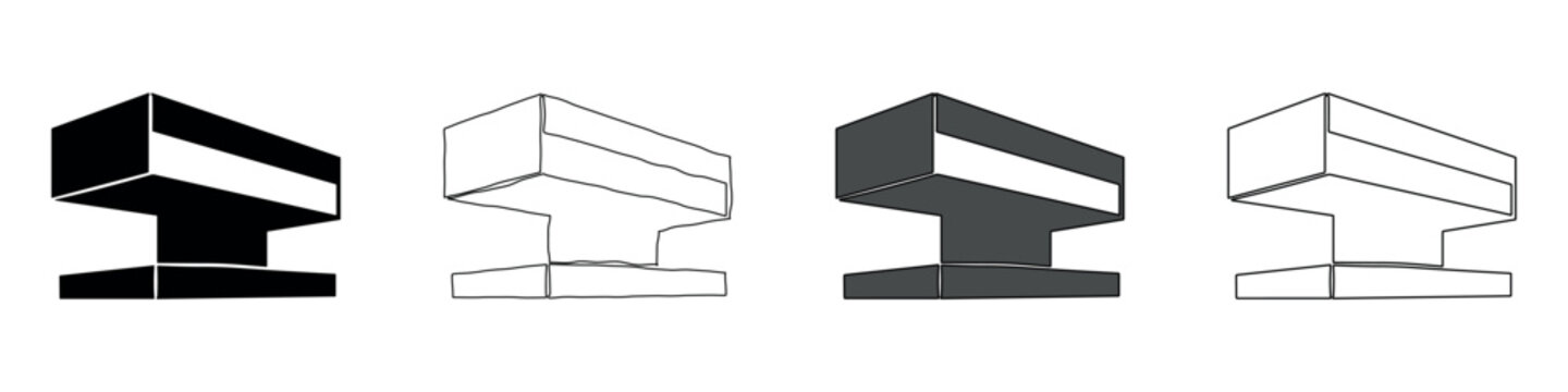 Set of four anvil icons in different styles: solid black, outline, and shaded gray
