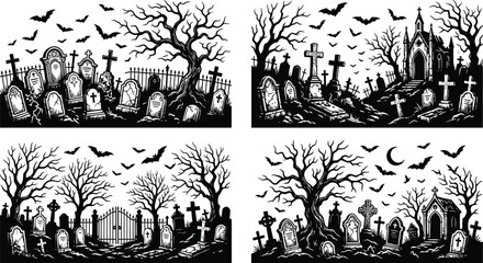 Fototapeta premium Helloween day graveyard scenes spooky cemetery illustrations for halloween designs