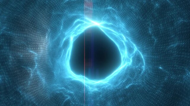 Cyan wireframe portal in a digital mesh field with glowing energy edges