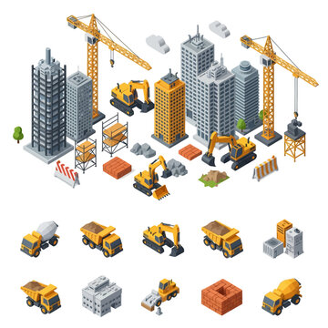 Isometric construction site with buildings cranes and heavy machinery