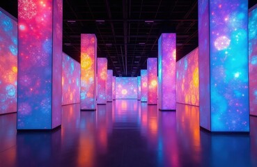 Fototapeta premium Vibrant abstract art installation features glowing digital projections on tall pillars and walls. Colorful neon lights fill exhibition hall. Futuristic space with dynamic light patterns.