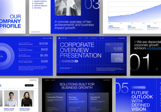 Modern Business Presentation Template for Creative Corporate Pitch Deck Layouts in Blue Hues