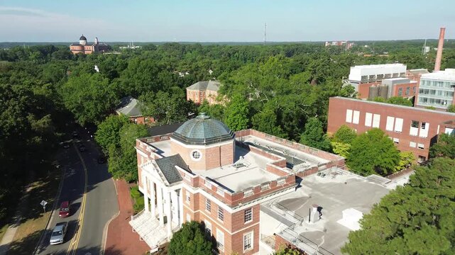 Aerial flyover view of the NC State University campus in Raleigh , North Carolina