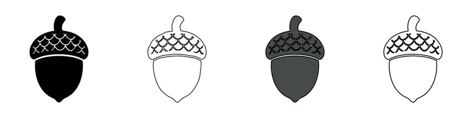 Set of four acorn icons in different styles, including solid black and outline © Ophelia