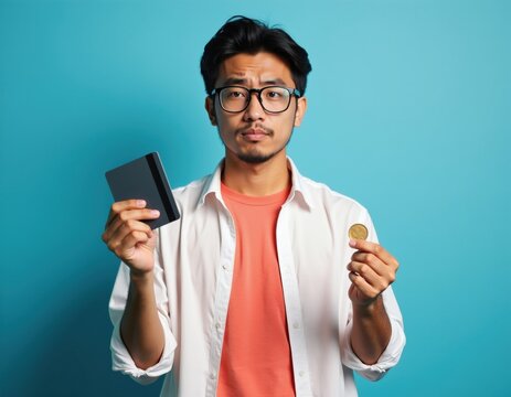 Young Asian man holds credit card and coin with worried face. He looks at camera with confusion, showing financial problems. Person expresses money worry.