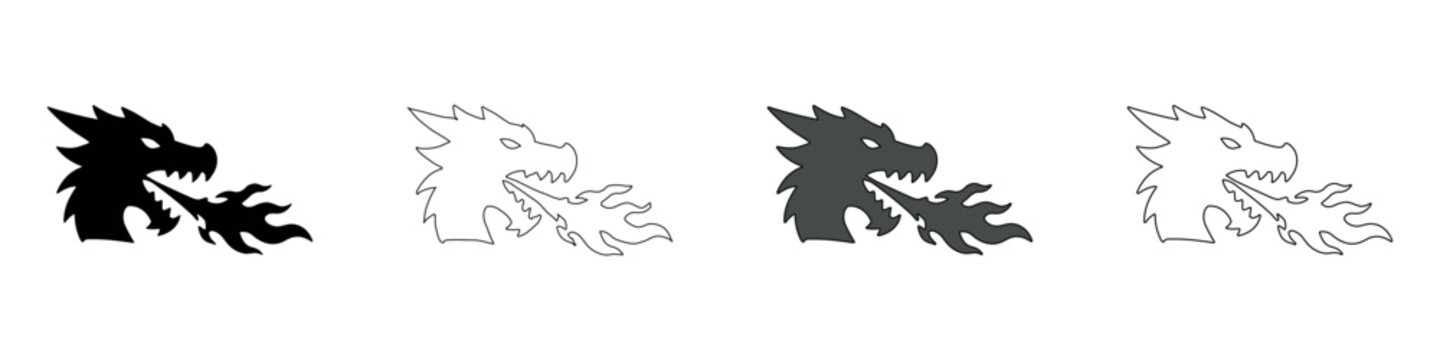 Dragon head silhouette breathing fire in four different icon styles