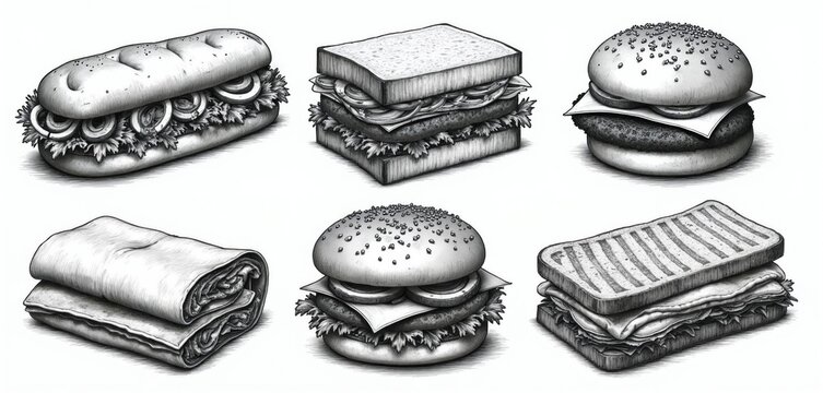 Editorial illustration set features assorted sandwiches and burgers. Variety of lunch food items in black and white drawing style. Perfect for culinary or fast food graphic content.