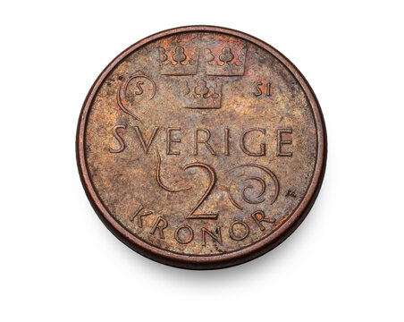 Swedish two kronor coin reverse isolated on white background