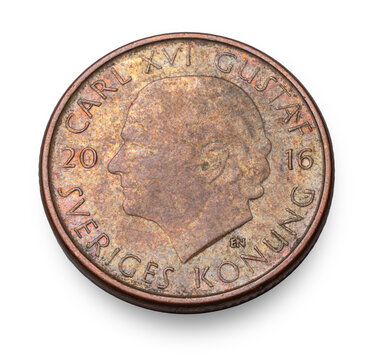 Swedish coin obverse with King Carl XVI Gustaf portrait from 2016 isolated on white background