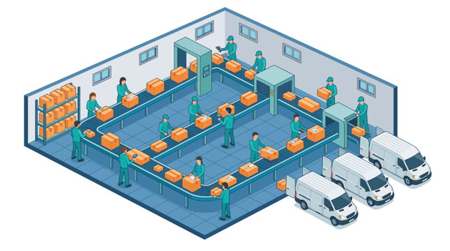 Isometric warehouse interior with workers sorting packages for delivery