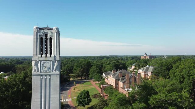Aerial flyover view of the NC State University campus in Raleigh , North Carolina