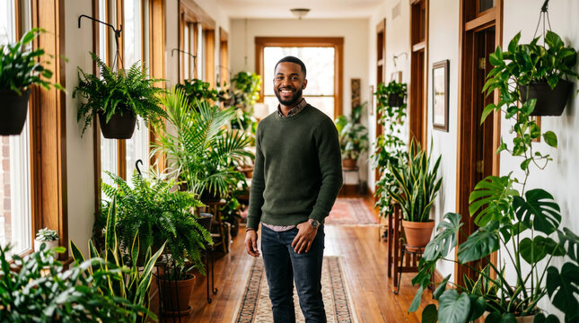 Smiling young, good looking, black, African-American man standing in a long hallway with plants all around
