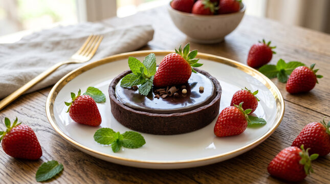 Dark chocolate tart with glossy glaze, fresh strawberry, mint leaf sitting on a white serving dish with gold trim topped with a fresh strawberry and several fresh strawberries sitting around the plate