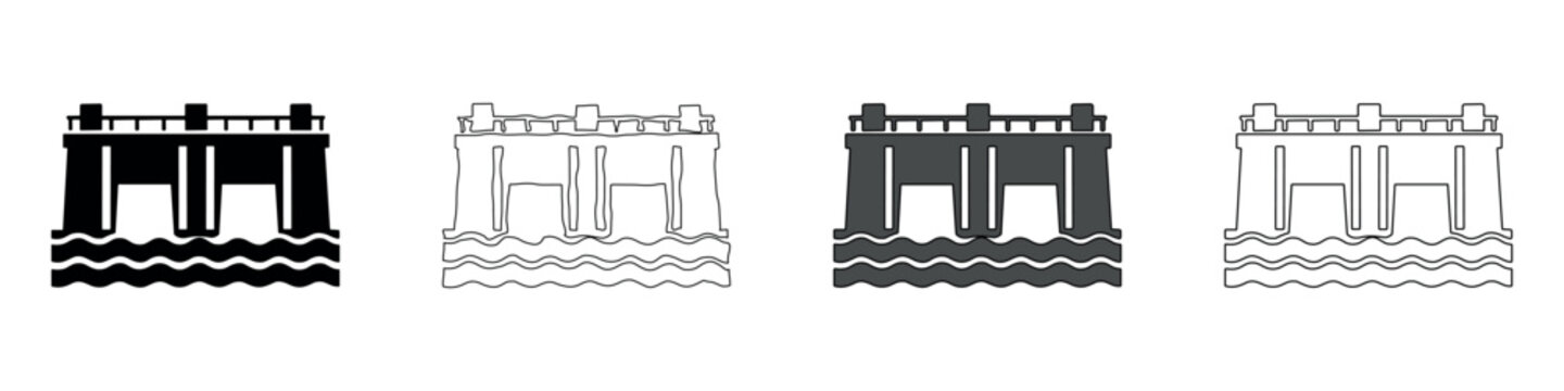 Set of four dam icons in different styles, representing water control structures